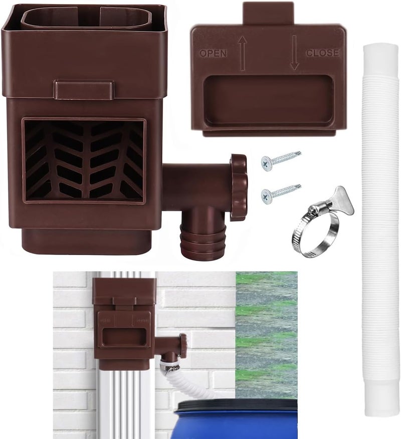 MISDENK Rain Barrel Diverter Kit, Downspout Diverter Fits for 2x3 or 3x4 Inch Gutter Downspouts, Rainwater Collection System with Adjustable Valve and Filter - Brown - Image 1